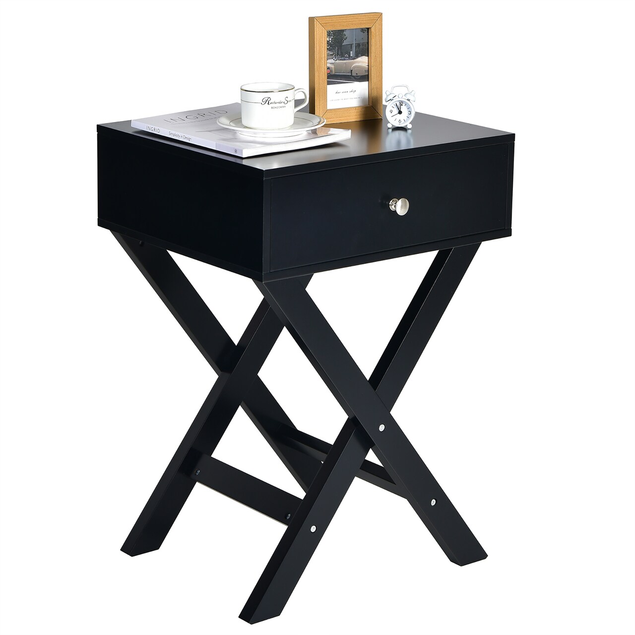 Costway Side Nightstand with Drawer x Shaped Structure Accent Sofa End Table White\Black